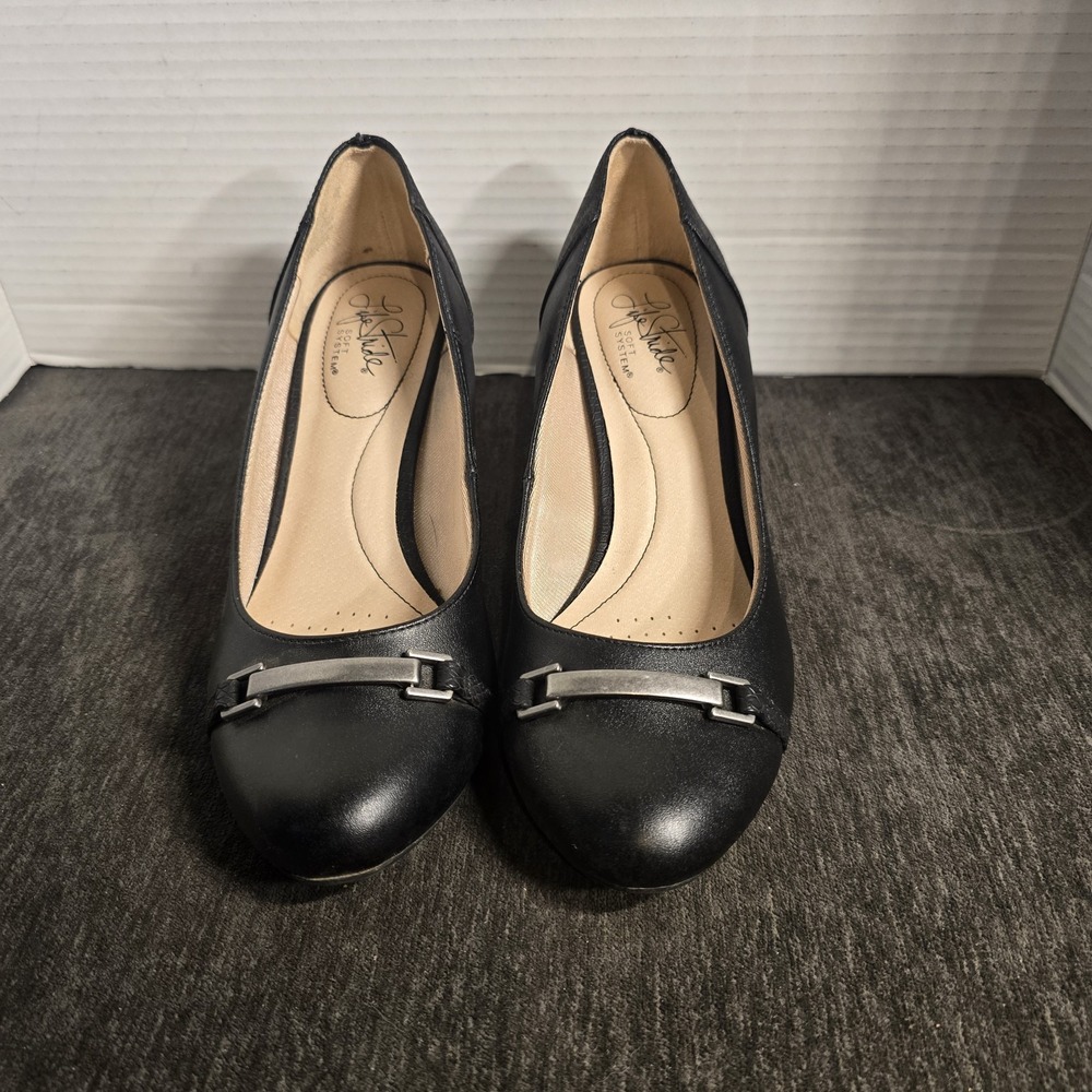 Lifestride Patricia Black Snakeskin Heel Pumps Silver Hardware Size 8M